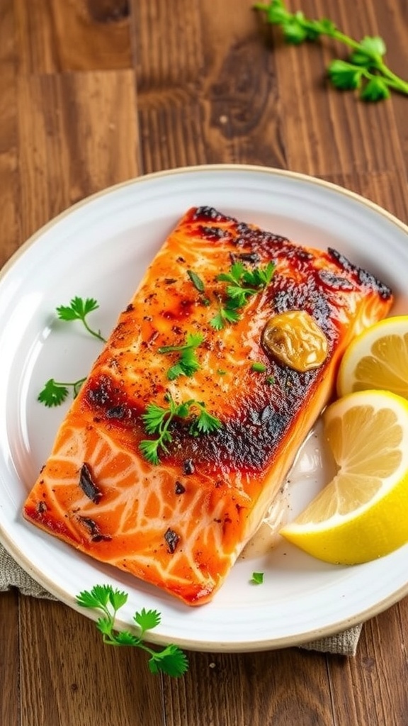 Crispy Air Fryer Salmon with Skin Crispy air fryer salmon fillet with skin, garnished with herbs and lemon, on a rustic table.
